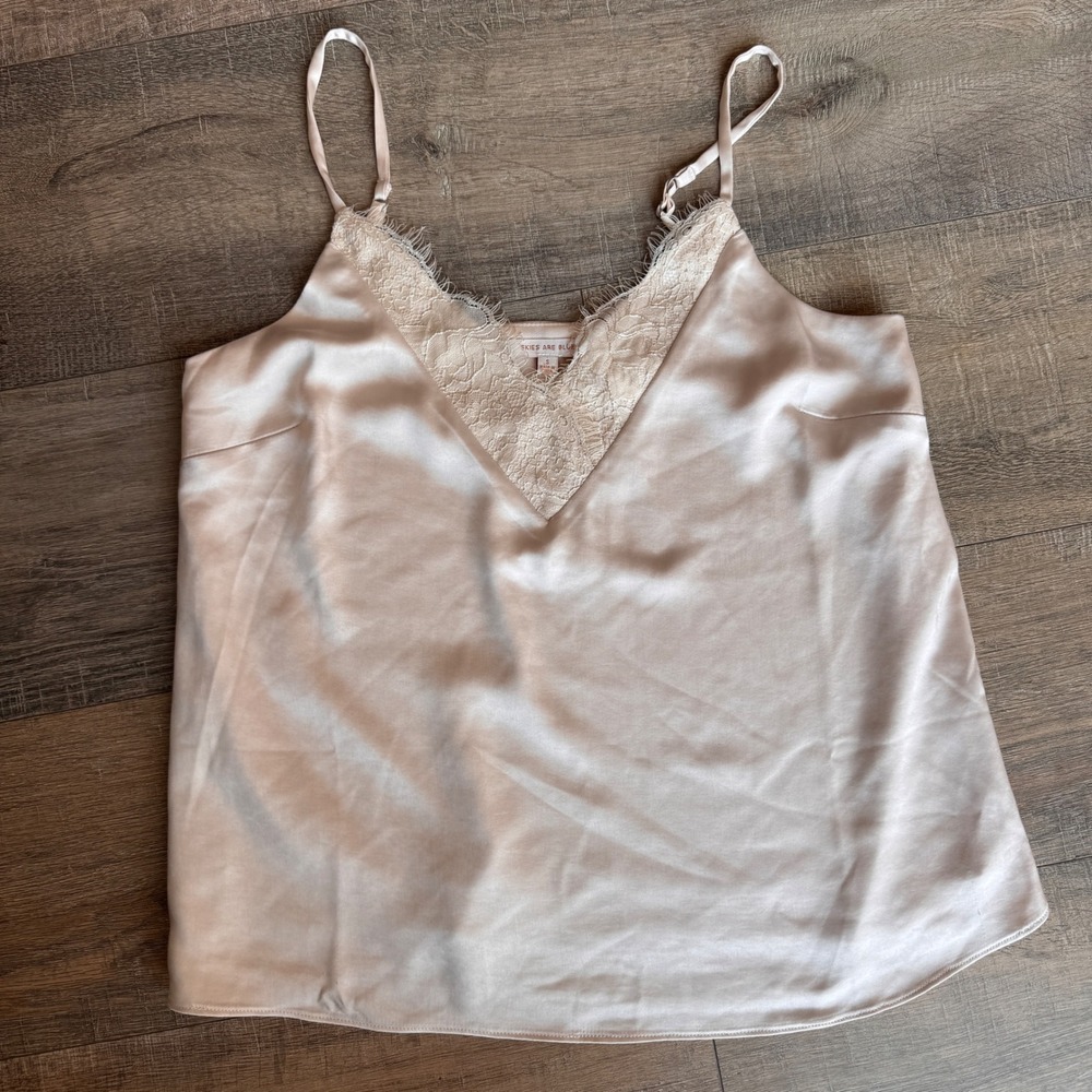 Skies Are Blue Champagne Satin Lace Trim Cami Top V-Neck Adjustable Straps